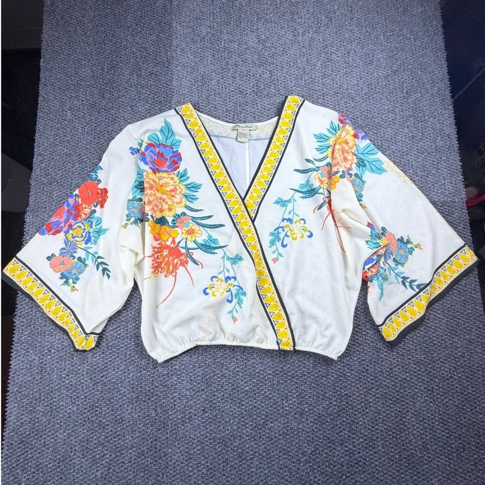 Flying Tomato Womens M White Floral Faux Wrap Kimono Sleeve Crop Blouse Boho